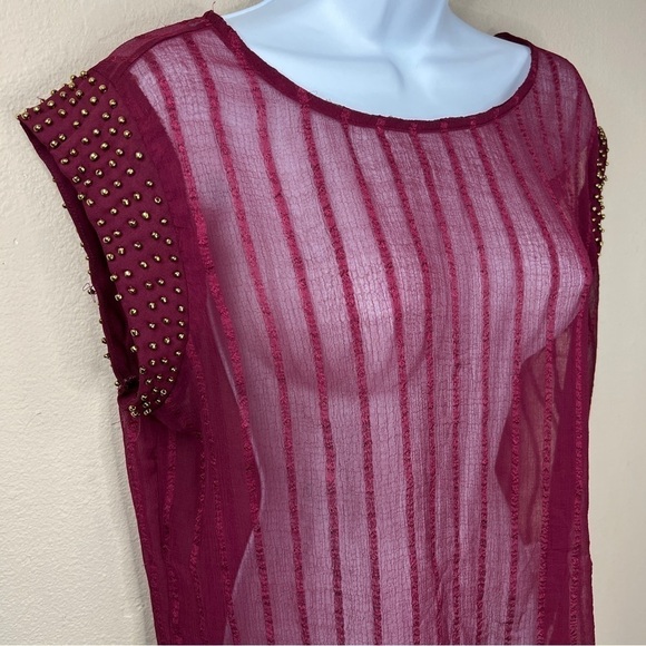 Large MNK Burgundy Red Sheer Blouse Beaded Accent Cap Sleeve Boat Neck - Picture 2 of 9